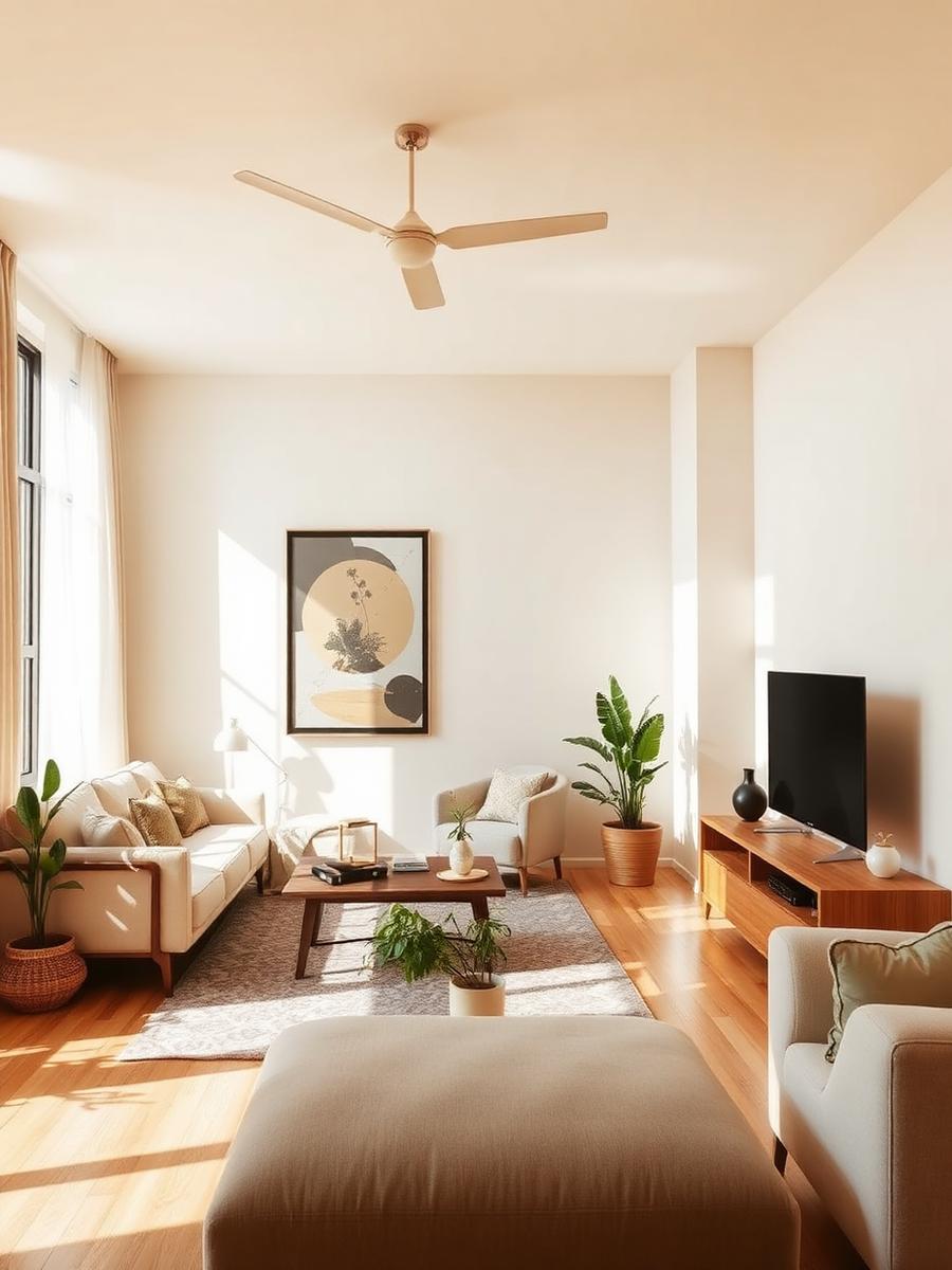 Warm sunlit apartment living room interior
