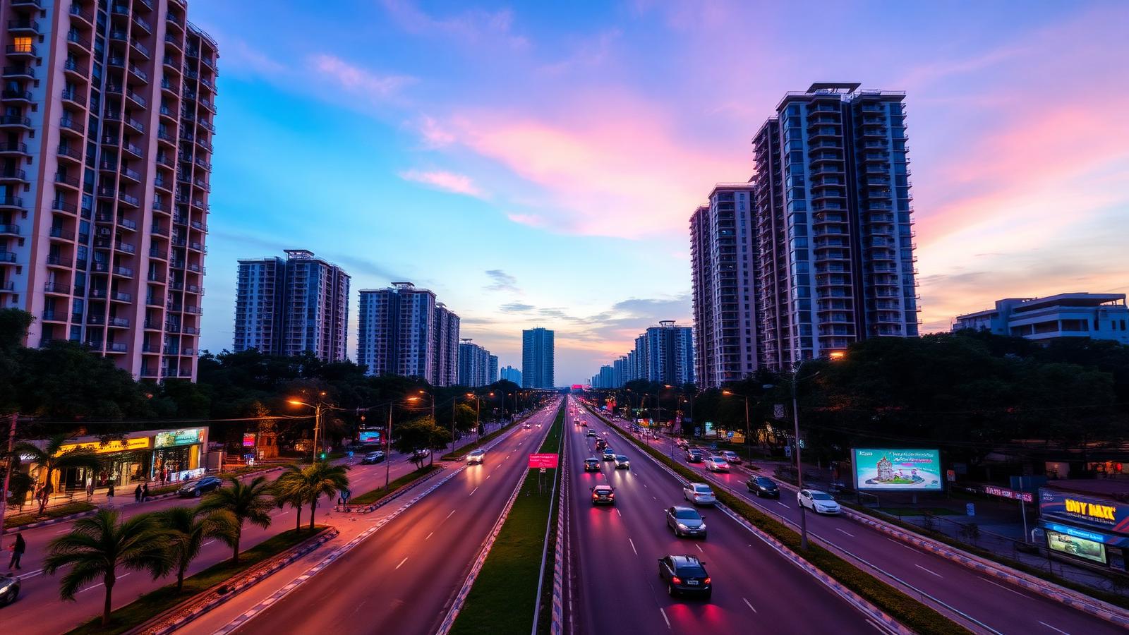 New Town, Kolkata boulevard lined with modern residential towers at dusk
